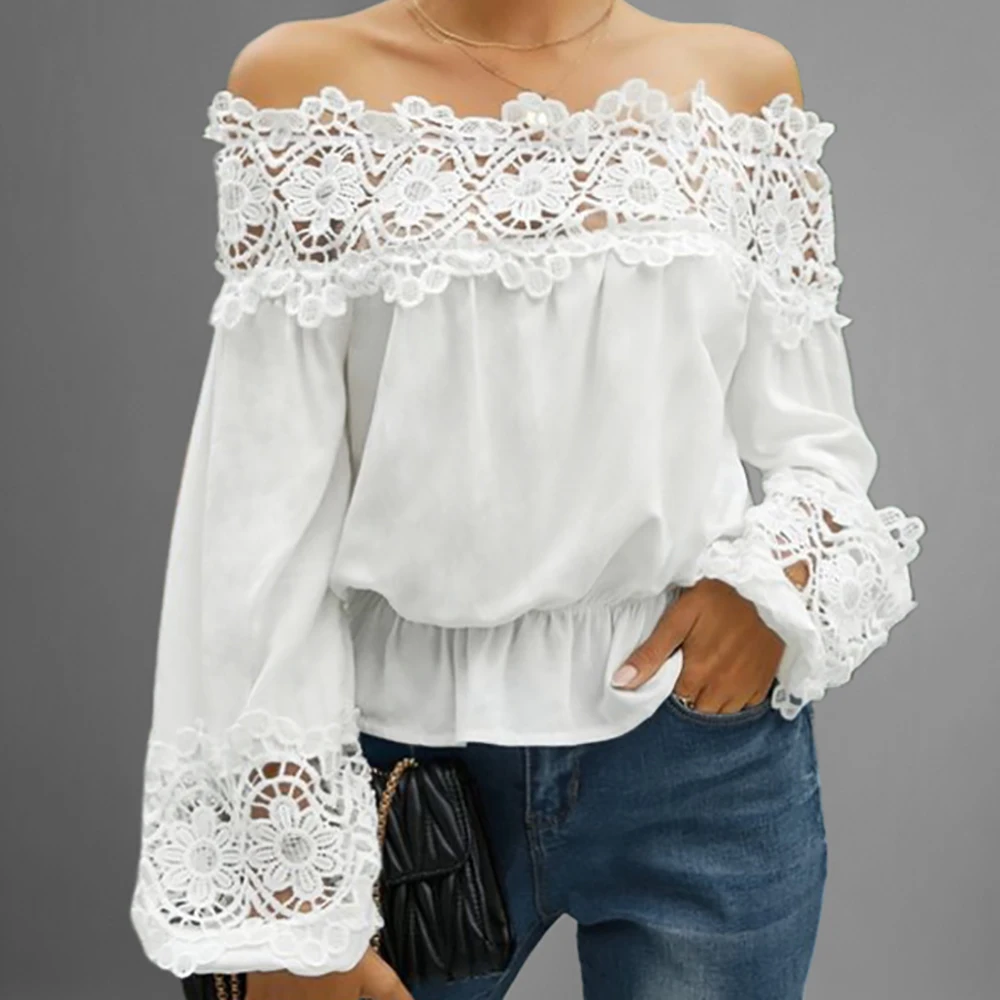 Elegant Lace Patchwork Off Shoulder Women Blouse Hollow Out Lantern Sleeve Blouse Loose White Pullover Fashion Streetwear Blouse