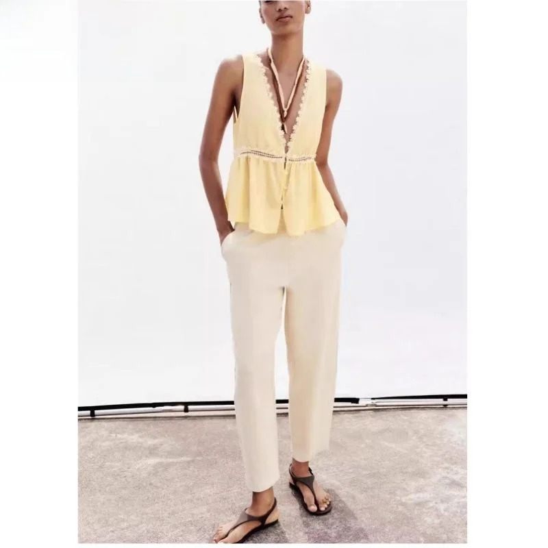 

Summer Women's Single-Button Svel V-Ne Color Blo Lace Trim Decoration Vest Top Loose Fit Sle Commute Pure Color