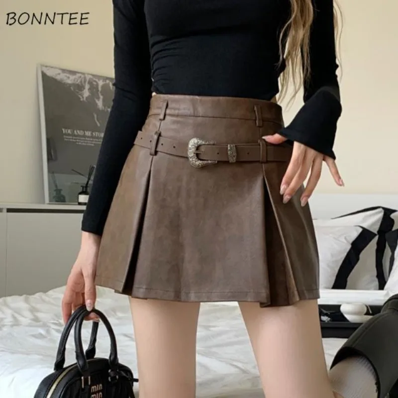 

Skirts Women PU Leather Pleated Vintage Chic Autumn Winter Design High Waist British Style Sexy Hotsweet Girlish Faldas Harajuku