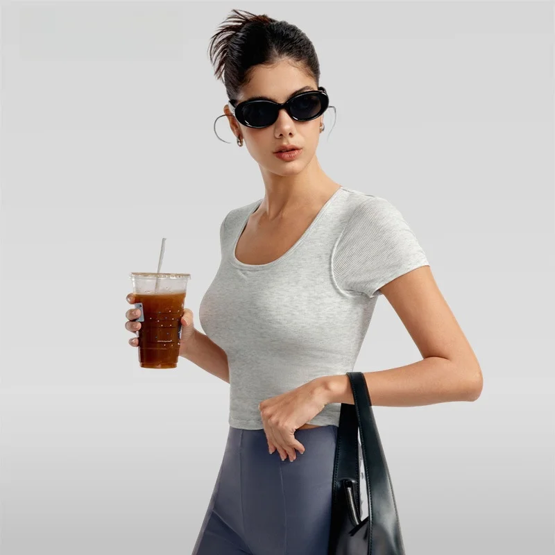 

Женская футболка для йоги, дышащий спортивный топ для фитнеса, летняя облегающая футболка с короткими рукавами и высококачественными полуфиксированными накладками на грудь