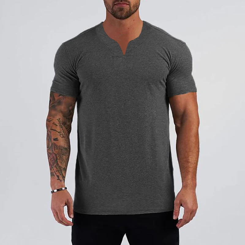 2022 Mens Clothing New Fashion V neck Short Sleeve T Shirt Men Slim Fit T-shirt Men cotton Casual Summer Gym Fitness Tee shirt