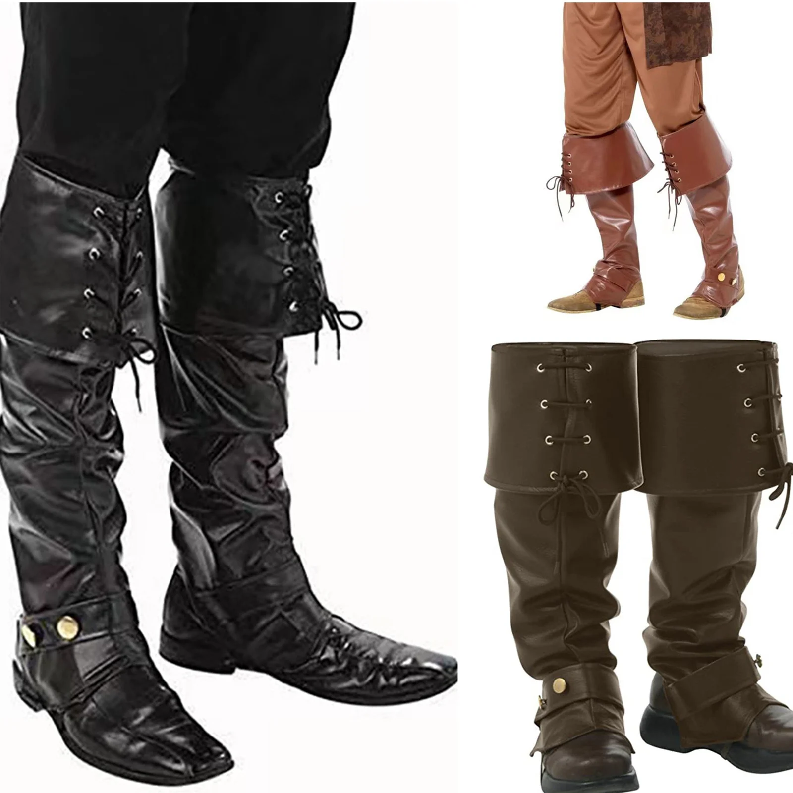 Awwwcos Medieval Renaissance Viking Pirate Leg Guards Adult Mens Lace Up Pleated Boot Covers Halloween Costume Accessory