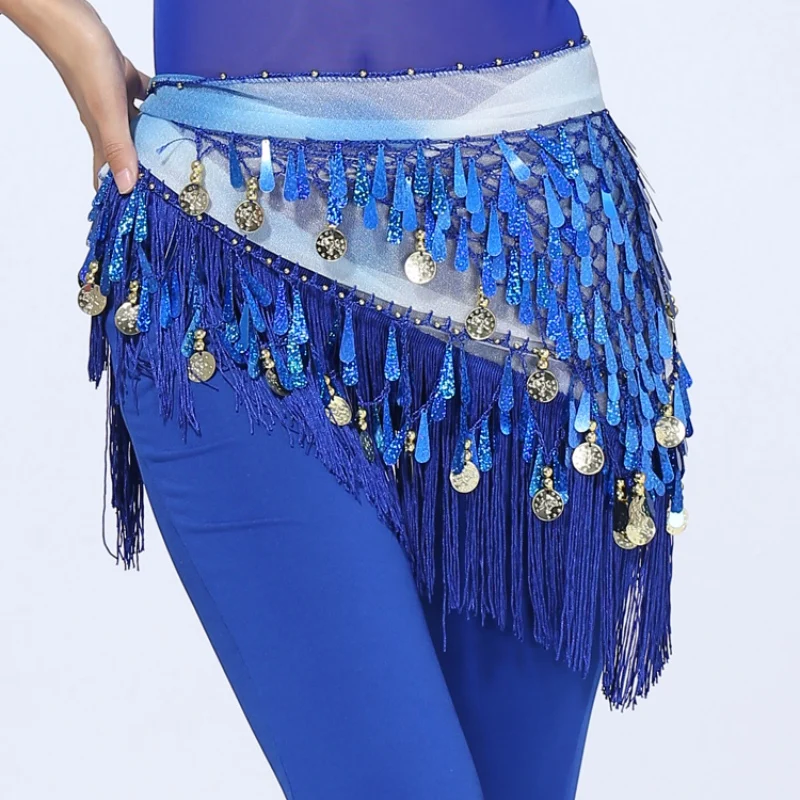 Belly Dance Sequin Coins Scarf Indian Dancing Practice Costumes Tassel Waist Hip Skirt Performance 8 Colors