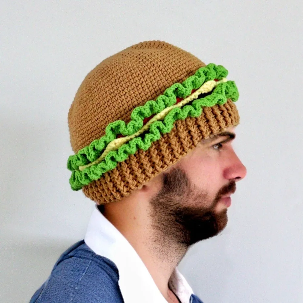 Stretchy Creative Knitted Hamburger Hat Playful Thick Hamburger Pullover Cap So…