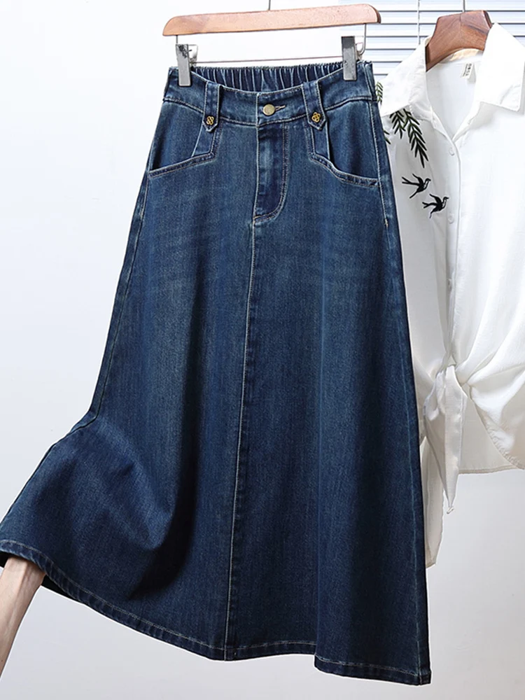 Casual Mid-Length A-Line Denim Skirt Elastic Waist Women's Autumn New Style Commute Cotton Polyester Blend Skirt