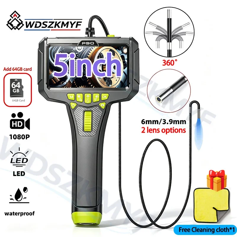 New 3.9mm 6mm Lens Industrial Endoscope Camera 360 ° Steering with 5 IPS Screen Waterproof Inspection Borescope Auto/AC/Drain