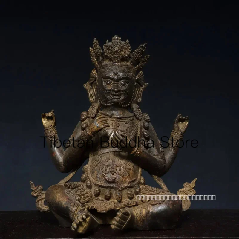 27cm Tibetan Brass Mud Gold Scattered Vermilion Sand Buddha Gala Four Arm Avalokitesvara Buddha Statue