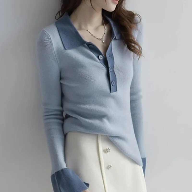 Long Sleeve Female Tee Knitted Button Women\'s Polo Shirts Contrasting Colors T-shirts Youthful Clothes Pretty Polyester on Offer