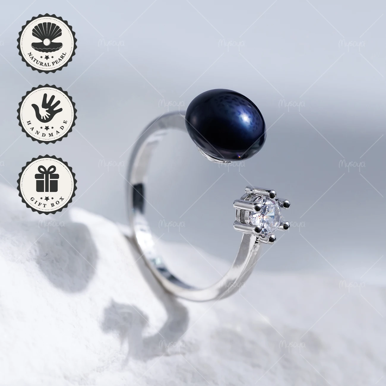 

MYSOYA 8-9mm Black Freshwater Pearl Open Ring Silvery CZ With Gift Box Birthday Gift Valentine’s Day