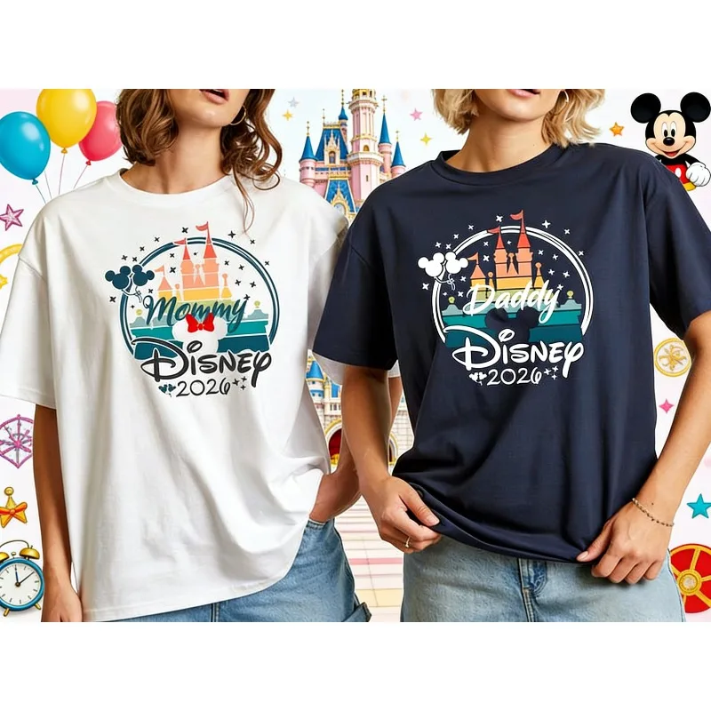 

2026 Summer Family Vacation T-Shirts Mickey Friends Print Retro High Quality Cotton Oversized Unisex Casual Tees For Kids moto