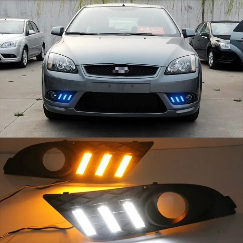 

1Pair DRL For Ford Focus 2007 Sedan Daytime Running Lights LED Fog head Lamp cover Daylight with Yellow turn signal