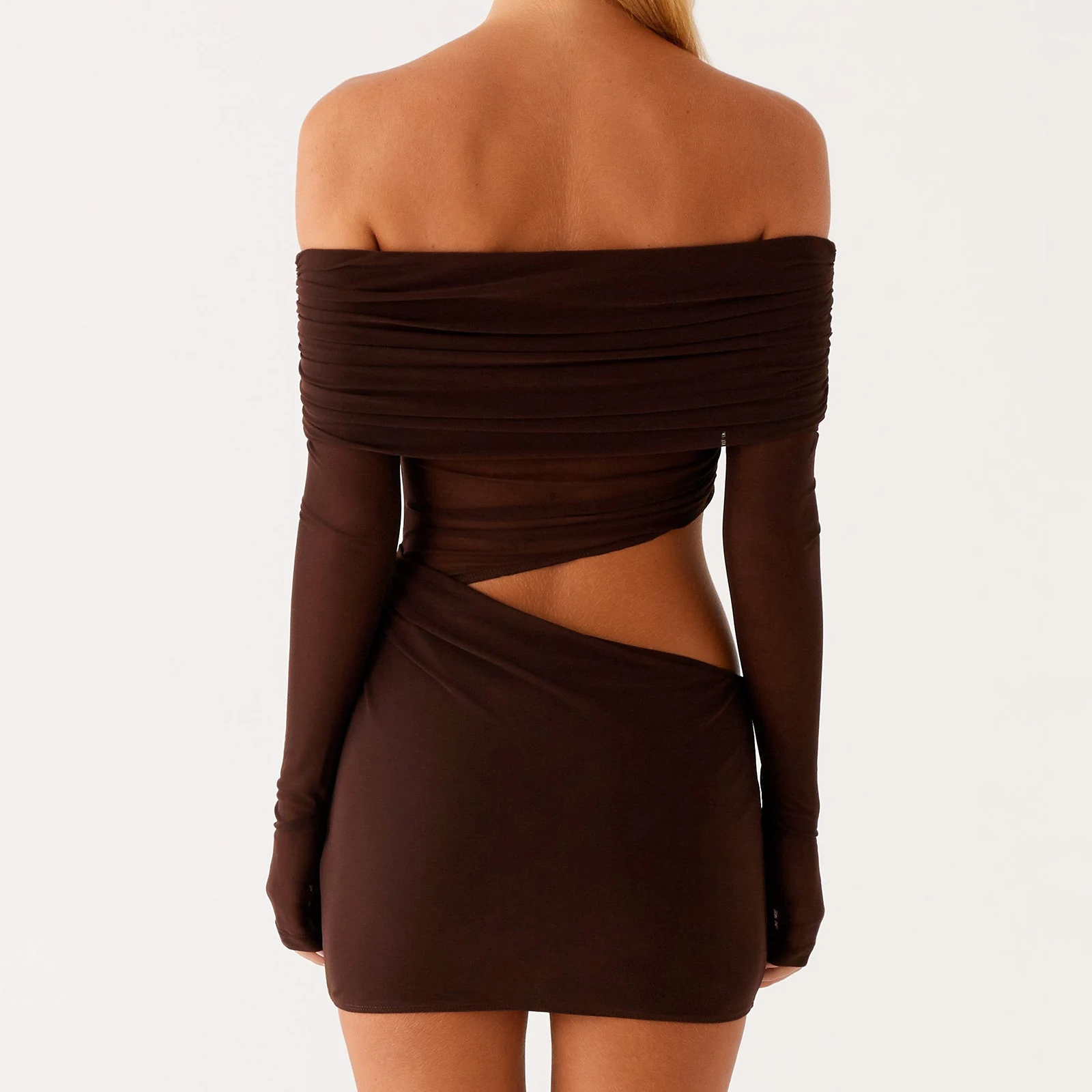 ผู้หญิงฤดูร้อนชุดราตรีมินิ Elegant Off ไหล่สีทึบแขนยาวด้านข้าง Cutout ตาข่ายชุดความงาม Grunge Clubwear