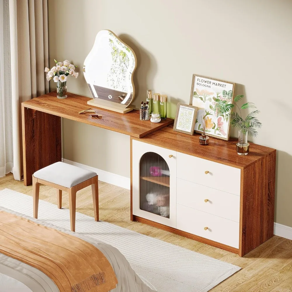 Modern Bedroom Makeup Dressing Table, Expandable Large Dressing Table with Drawers and Cabinets, Without Mirrors and Chairs