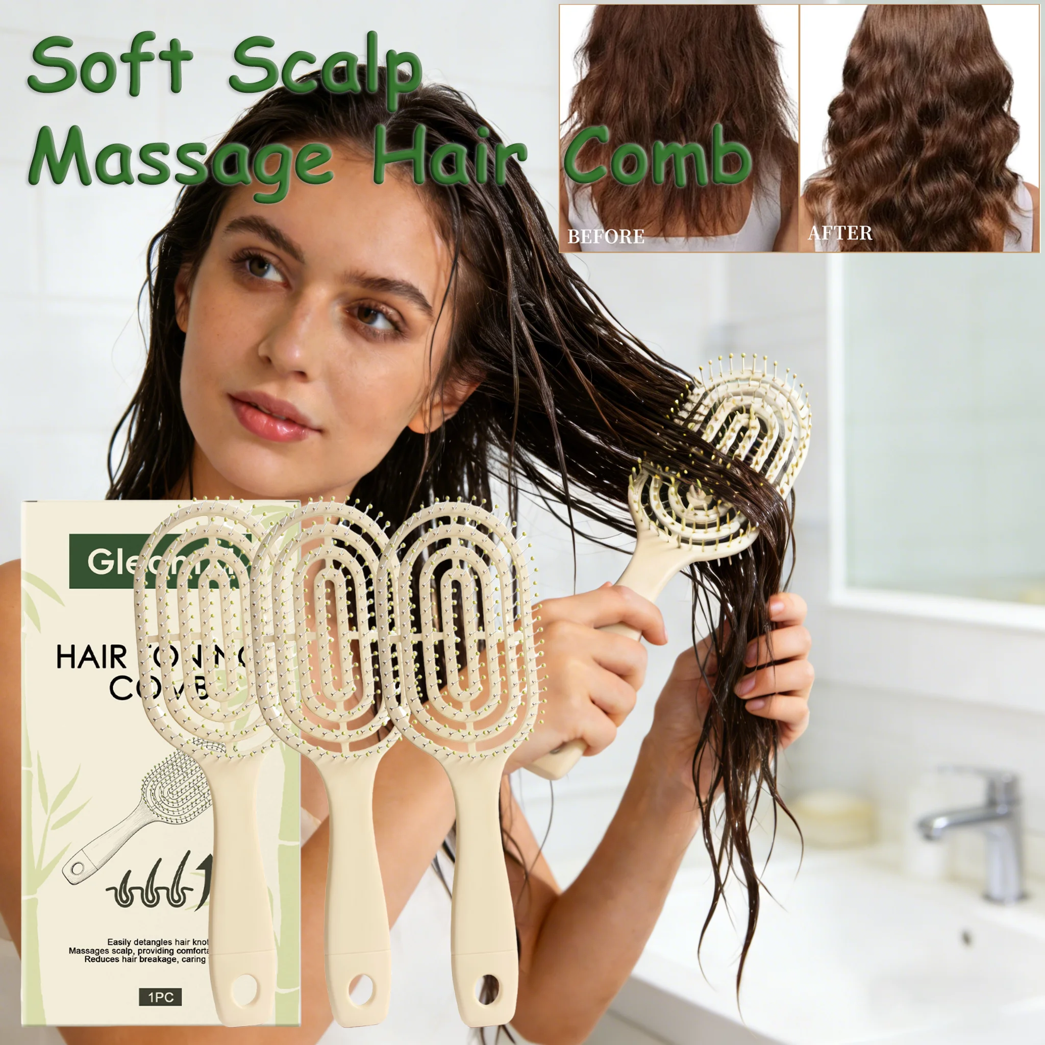 Ausgehöhlter Massagekamm, weiche, verwirrungsfreie, glatte Bürste für verwirrtes, nasses, lockiges Haar, voluminöser, seidiger Haar-Kopfhaut-Massagekamm