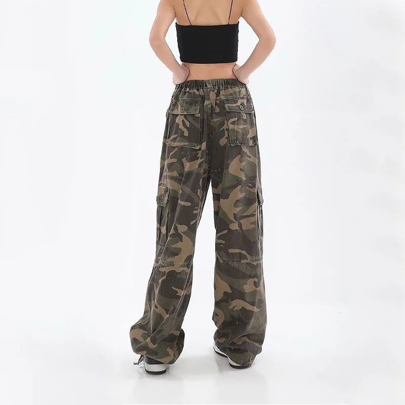 Calça camuflada feminina com bolsos com elástico e renda, casual de streetwear vintage, primavera e outono