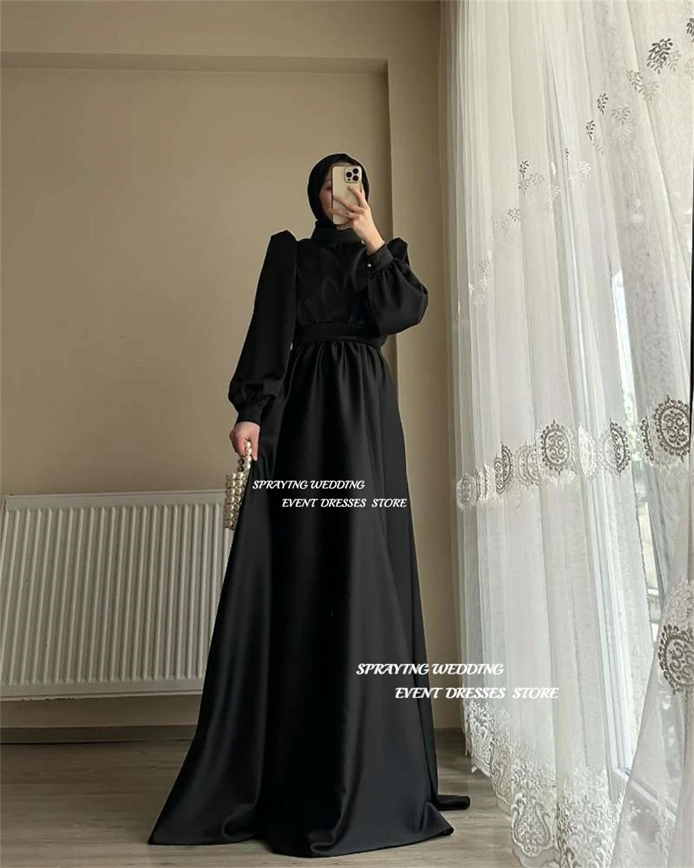 SPRAYING Vintage Muslim Black Evening Dress Saudi Arabia High Neck Long Sleeve Prom Gown With Veil Floor Length Robe De Mariage