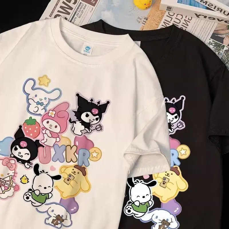 

Sanrios летняя футболка с коротким рукавом My Melody Kawaii, милая универсальная свободная футболка с круглым вырезом, модный повседневный комфортный подарок для подруги