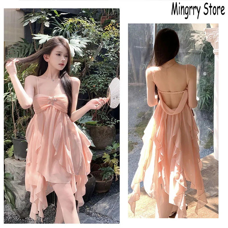 

New Women Spaghetti Strap Mini Dress Y2k Summer French Style Ruffles Pink Sexy Sweet Dresses Women Birthday Club Party Dresses