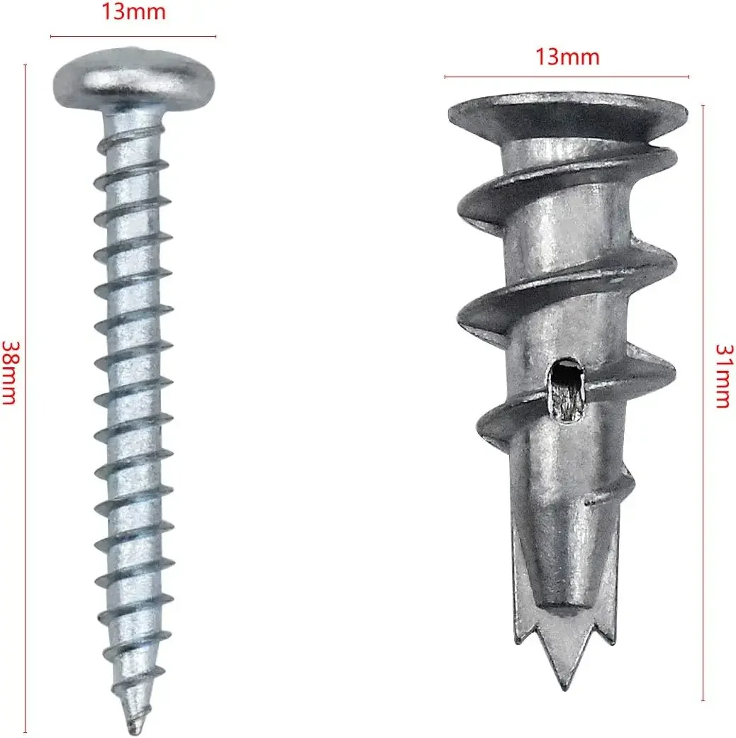 Zinc Alloy Plasterboard Drywall Anchor, Self-Drilling Wall Plug with Tapping Screw, Hollow Wall Bolt, 120Pcs