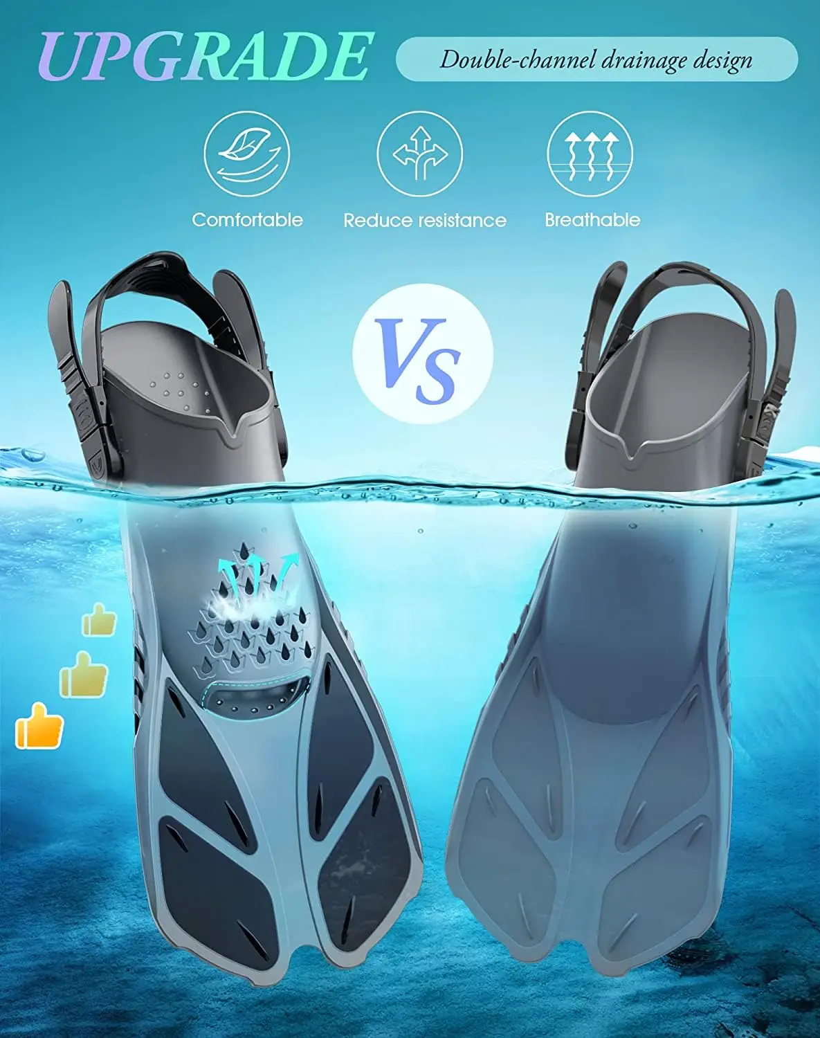 Snorkel Fins Adjustable Buckles Swimming Flippers Short Silicone Scuba Diving Shoes Open Heel Travel Size Adult Men Womens