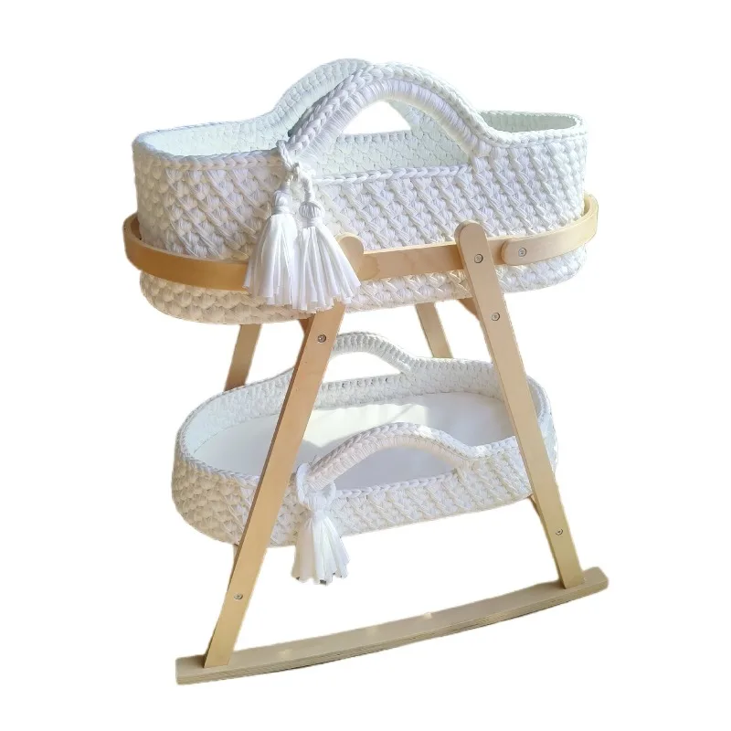 Baby Cradle Handwoven Beige Crochet Bassinet Portable Moses Basket Newborn Lounger with Wooden Stand and Soft Mattress