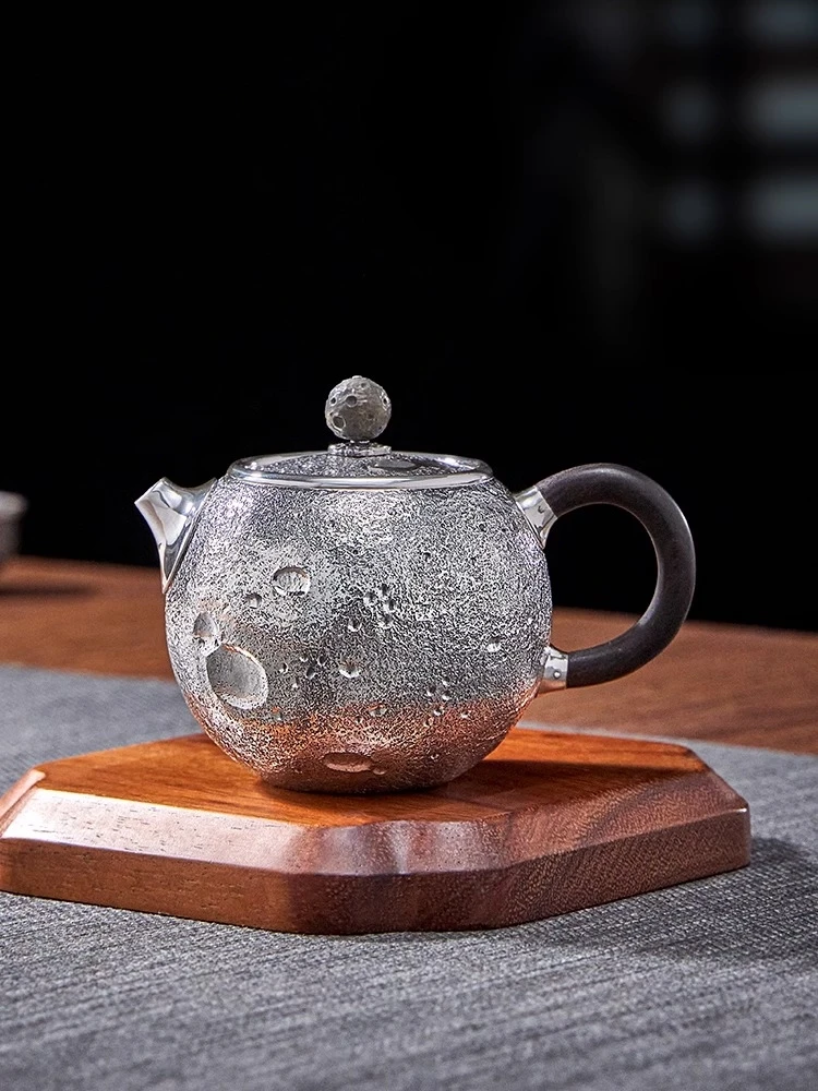 99.9% Pure Silver Tea Pot Handmade Carved Lunar Meteorite Face Chinese Tea Set Small Silver Pot Soaking Tea Pot