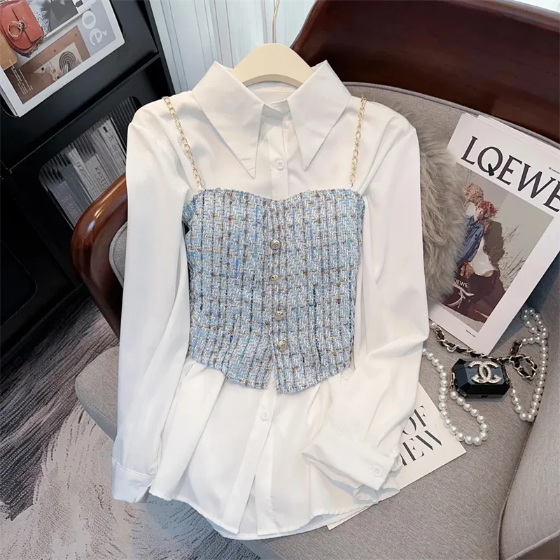 Small Fragrant Coat Check Suspenders Vest +Whiter Blouse Two-piece Set Women Spring Summer New Cardigan Shirts 2PCS Women Outfit