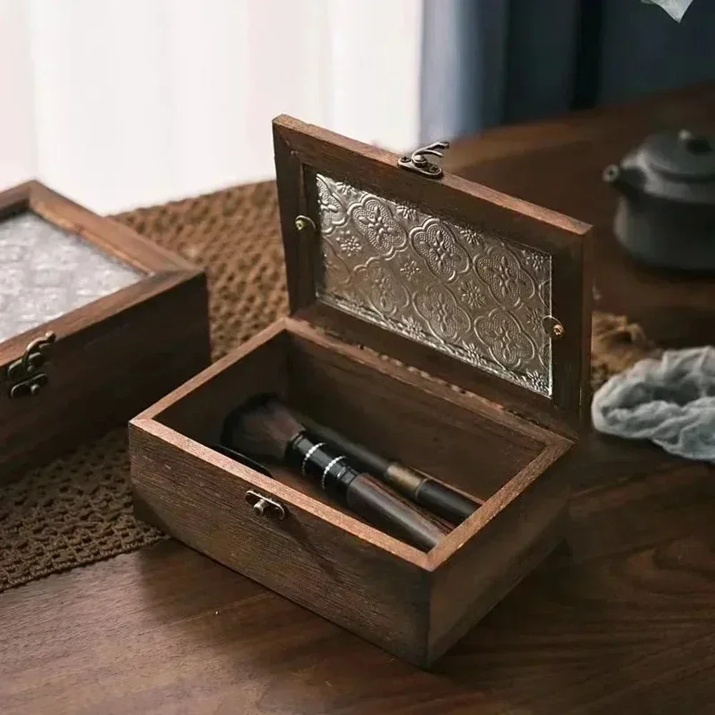 S/M/L Flower Glass Storage Box Vintage Solid Wood Storage Cabinet Desktop Sorting Flipping Wooden BOX Makeup Table Decoration
