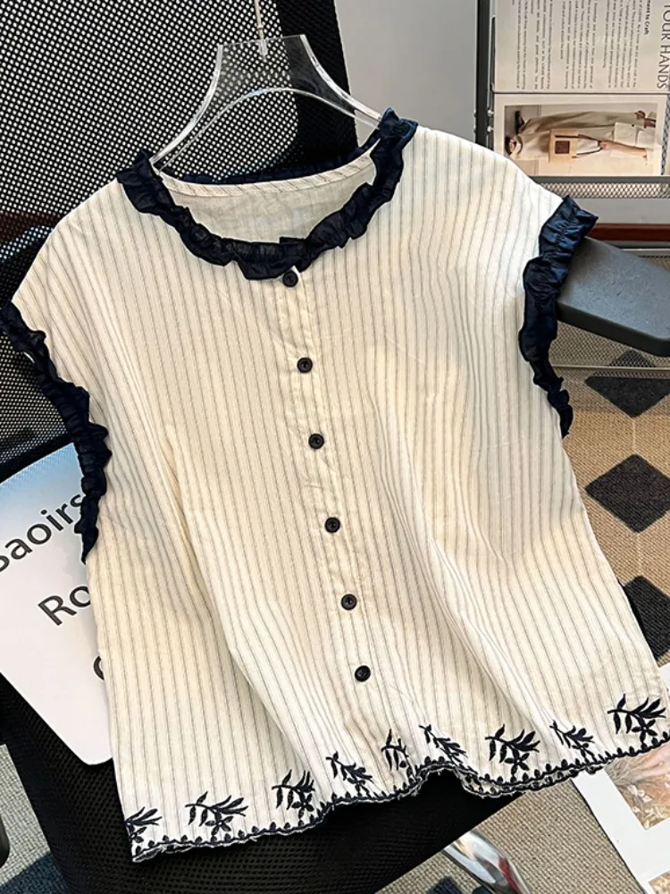 صيف فضفاض Svel مطرز كشكش هيم لصق اللون بلو الذاتي مفتاح Sle المرأة irt الكورية Sle جولة Ne #2