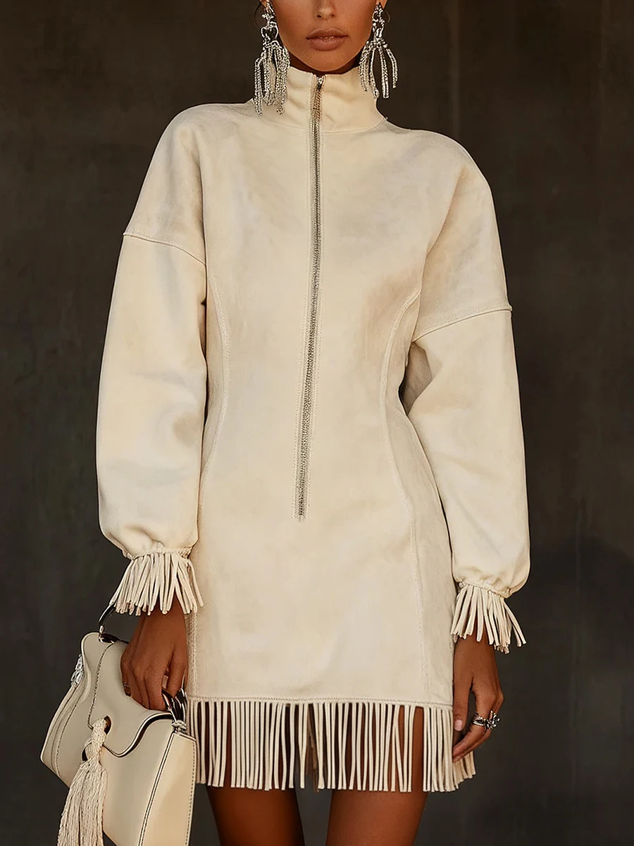 

Autumn Winter Solid Suede Mini Dresses Women Casual Stand Collar Half-Zip Tassel Dress Fashion Long Sleeve Sweatshirt Dress