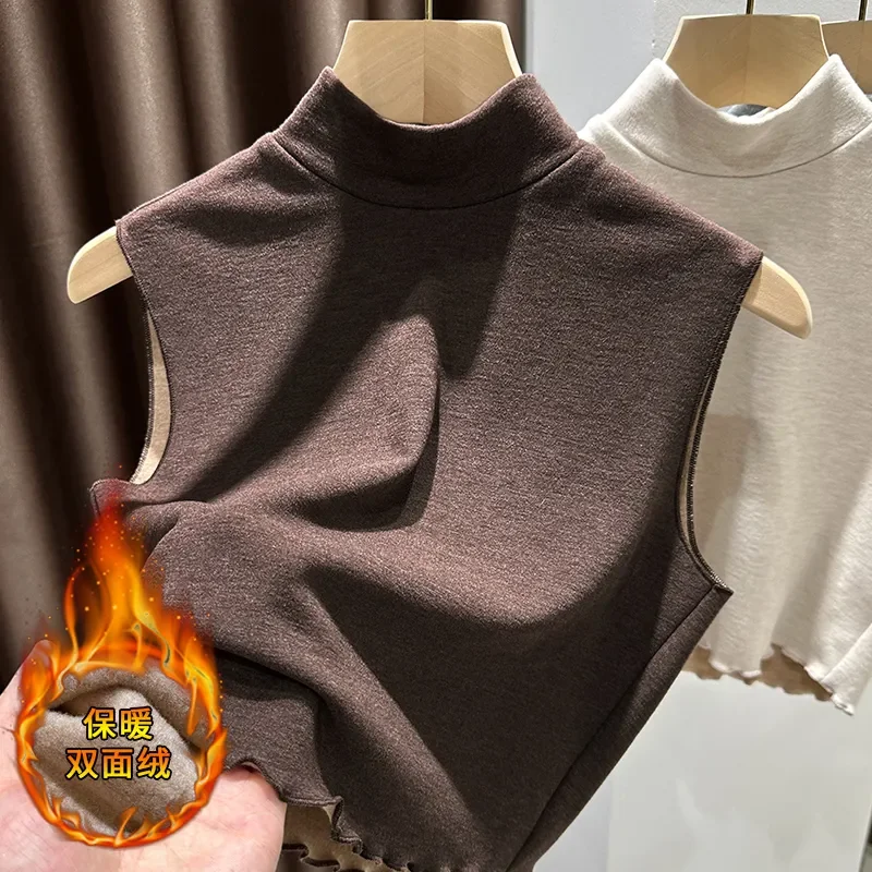 Thick Velvet Sleeveless Vest For Women In Autumn Winter Half Turtleneck Slimming Inner Layer Warm T-shirt Base Layer Top
