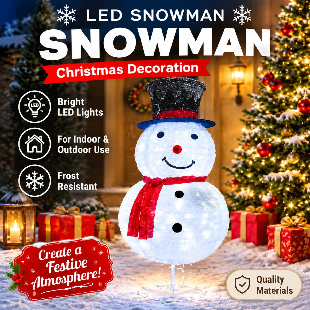 1 Christmas luminous snowman decoration, foldable snowman with built-in LED light 95CM
