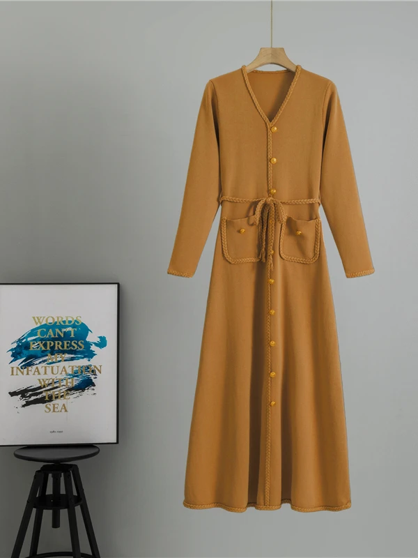 Wiosna 2025 Nowa Dzianinowa Bluza Dr. Loose Długi Sweter Jednorzędowy z Wysokim Stanem Wyszczuplający Warstwa Bazowa Długi Miękki Sweter z Dekoltem w Serek H-S...