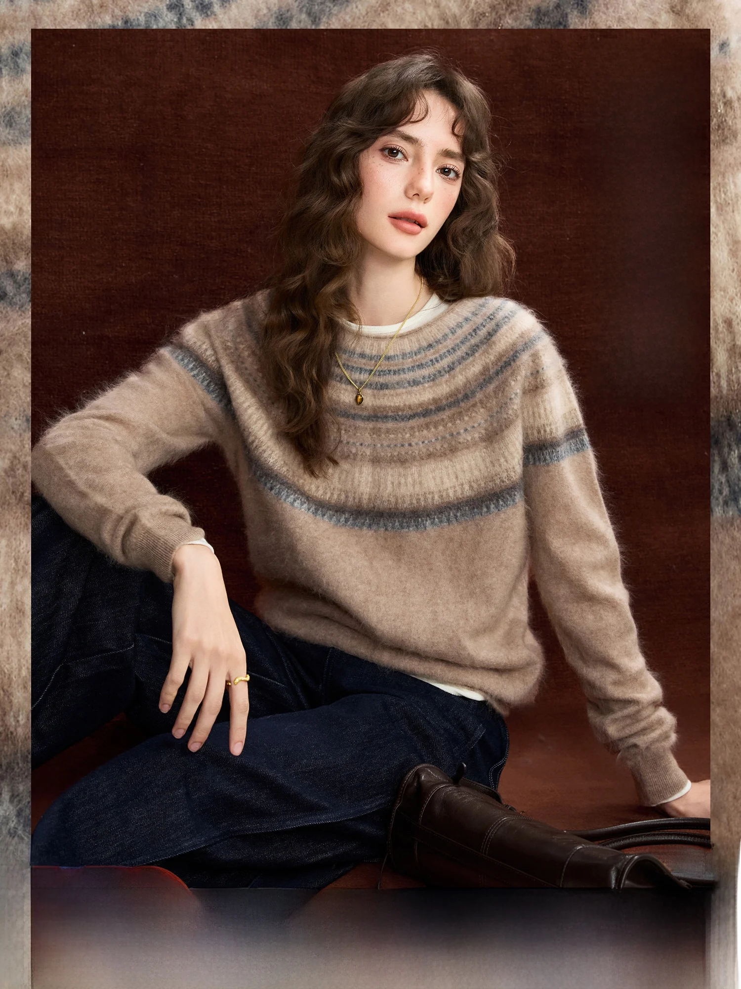 

Мягкий золотистый вязаный свитер Fair Isle свободного кроя в винтажном стиле, женский шерстяной вязаный пуловер, толстое зимнее пальто