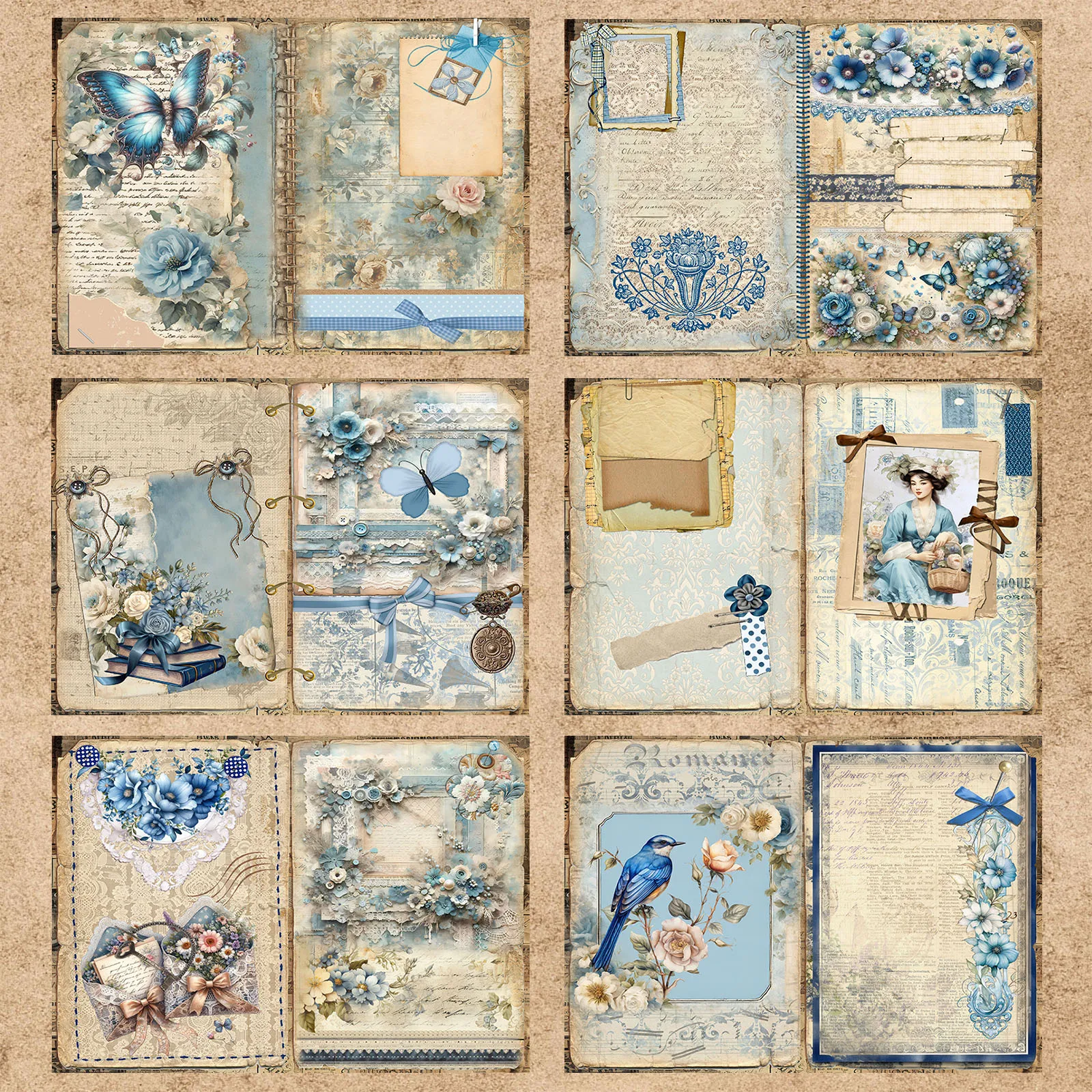 15 Sheets A5 Size Blue Collage Flowers Label Butterfly Collage Background Vintage Grunge Journal Planning Scrapbooking