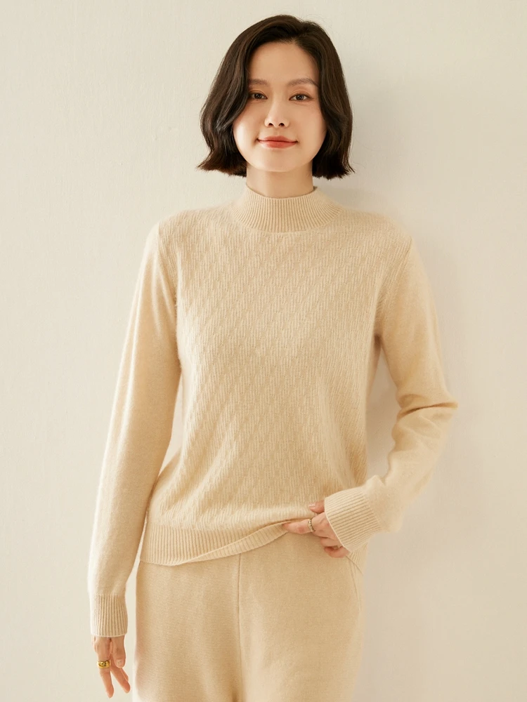 

Autumn Winter Women 100% Cashmere Pullover Knitwear Sweater Mock Neck Threaded Solid Color Simple Thick Warm Fashion Tops