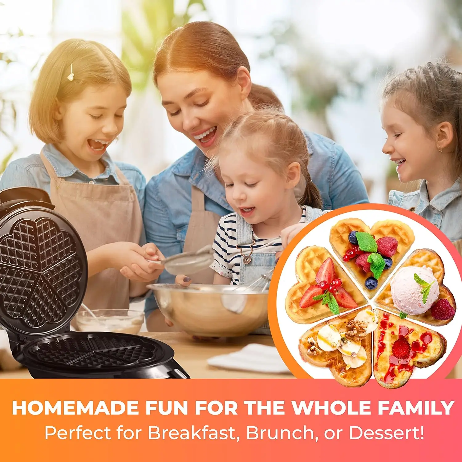 صانع الوافل على شكل قلب - اصنع 5 وافل على شكل قلب لاستفطار أحبائك خاصة - خباز غير لاصق سهل التنظيف، وافل كهربائي
