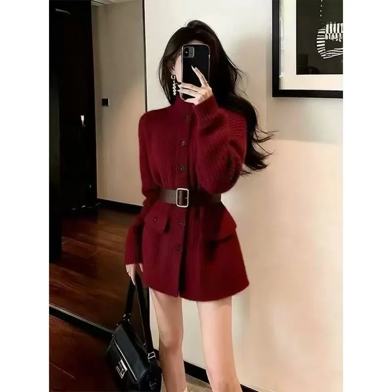 

French Sle Thiened High Collar Knitted Dr Women's ort Skirt Button Design Autumn Winter New Arrival Ele Feel