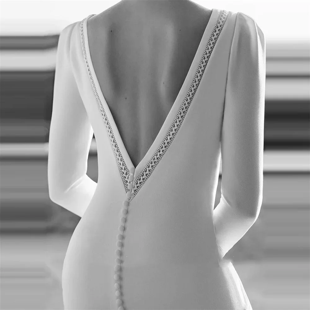 Flavinke Abiti da sposa musulmani bianchi personalizzati Girocollo con bottoni Sirena Maniche lunghe con strascico abiti da sposa Serata formale