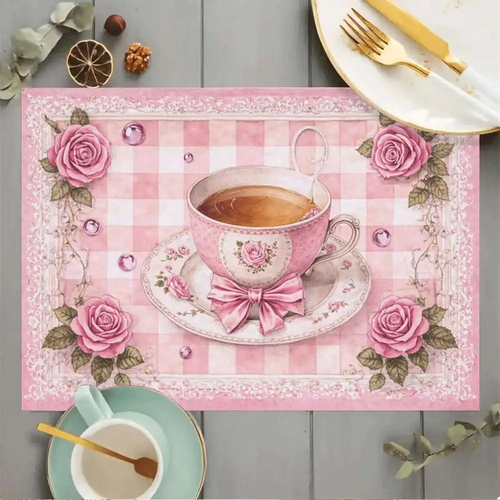 Elegant Stylish Table Pad with Pink Rose Teacup Bow Print, Washable Placemat for Tea, Dining Table, Home Decoration & Party Gift