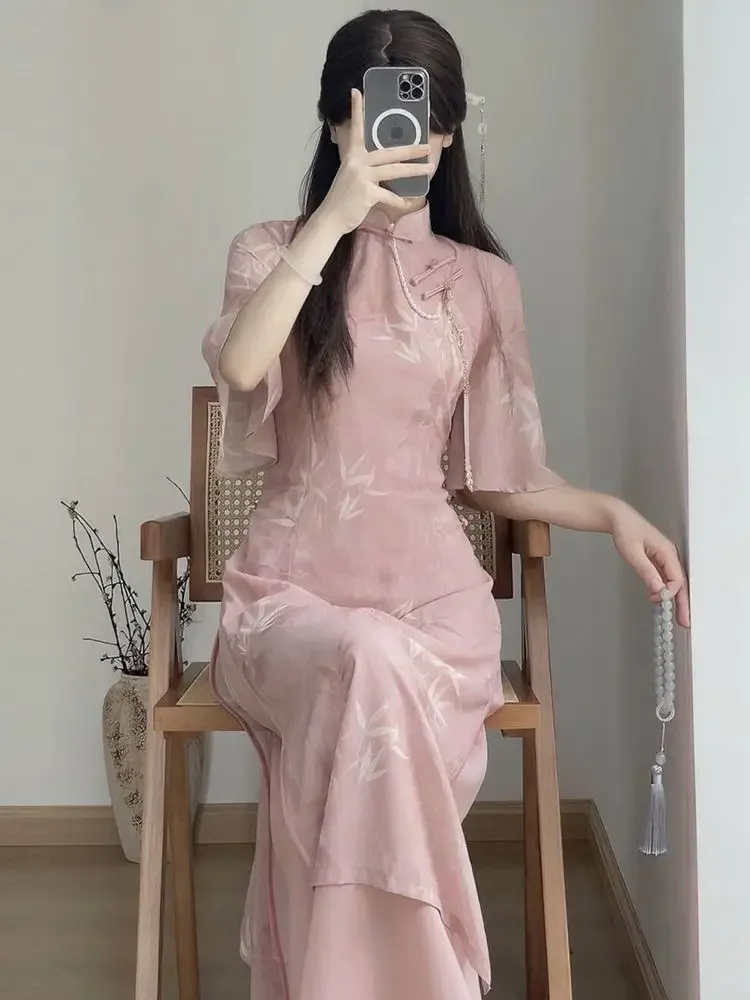 

New Chinese Style Pink Qipao Dress 2026 Vintage Cheongsam Young Oriental Lady Evening Dress Summer Daily Vestido