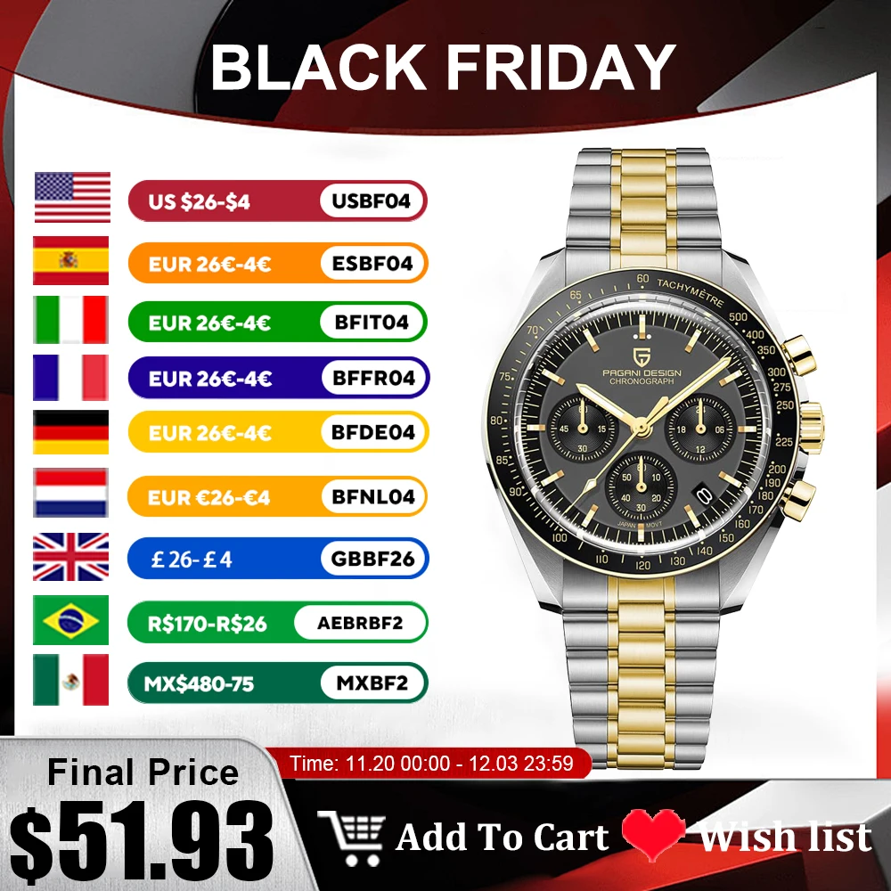 2025 Neue PAGANI DESIGN Moon Herrenuhren Gold Luxus Quarzuhr für Mann AR Saphirspiegel VK63 Armbanduhren Leuchtende Uhr