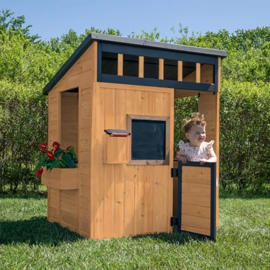 Outdoor kids playhouse: cedar wood, white-gray color, modern farmhouse design with play kitchen, chalkboard, mailbox, half door