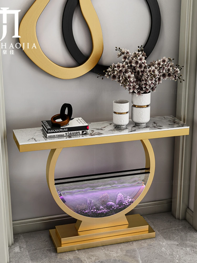 YY Light Luxury Stainless Steel Brushed Ultra Narrow Entrance Cabinet with Small Fish Tank Table Bar Desk