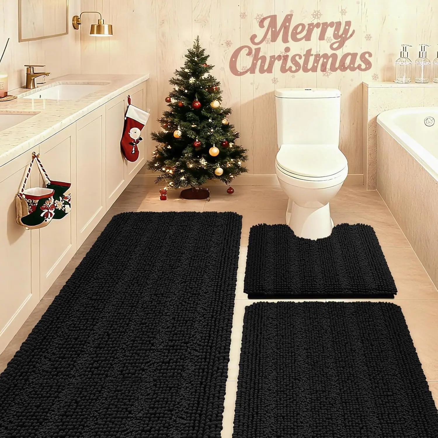 

3-Piece Striped Black Bathroom Rug Set, Ultra Soft Non-Slip Chenille Toilet Mat, Absorbent Plush Shaggy Mats