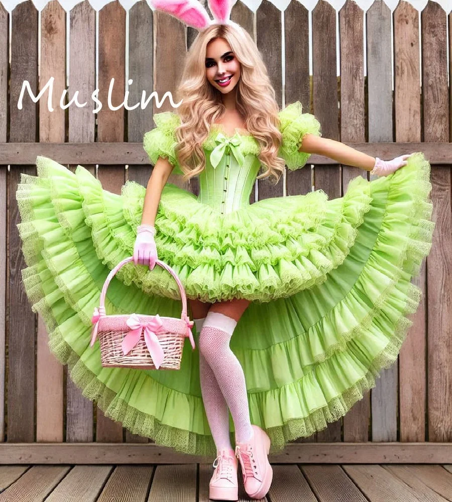 

Fantasy Medieval Lime Green Prom Dress High Low Tiered Ruffles Cosplay Evening Dress 2025 Tulle Lace Homecoming Party Customized