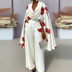 2024 New Women's Pile Collar Top and Long Pants 2 Piece Sets Elegant Floral Print Pocket Outfits Fashion Pleated Commuting Suit