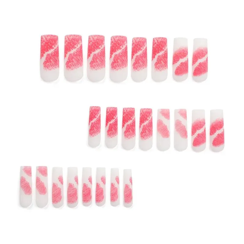 24 PCs Valentine's Day Long Square Novelty Red Lip Fingernail with 1 File and 1 Jelly Glue