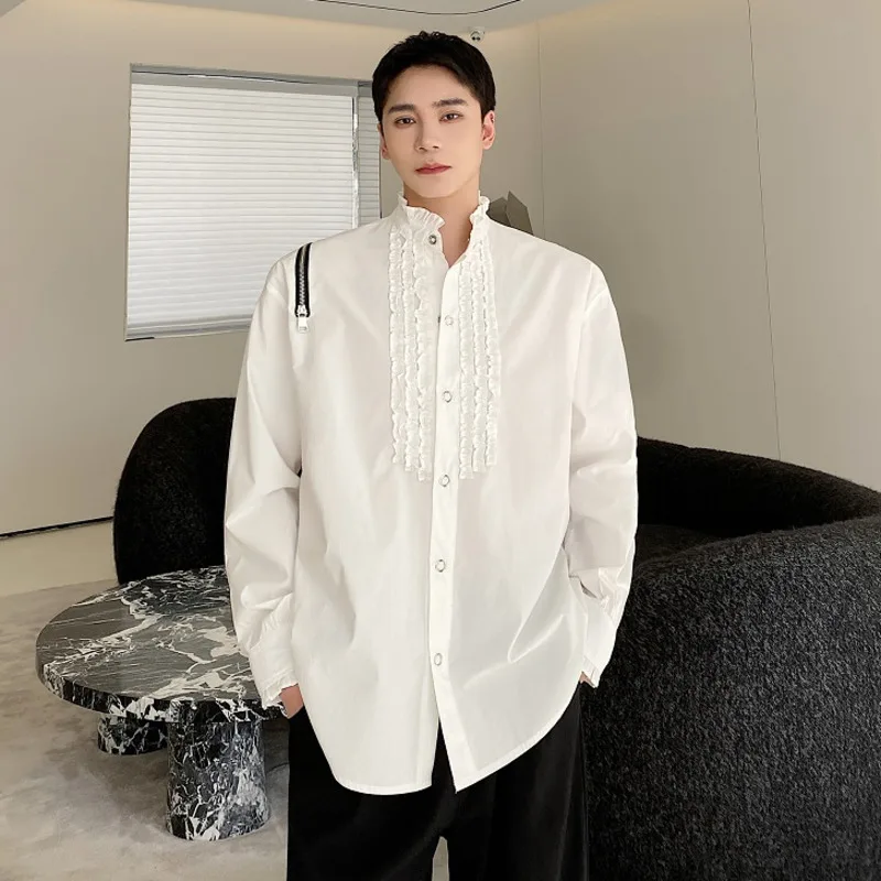 

WVGA Топы Весна Осень Новый Мужской Прилив Воротник-стойка Плиссированная Лоскутная Модный Дизайн Нишевая Шикарная Повседневная Рубашка С Длинным Рукавом Ins W11797