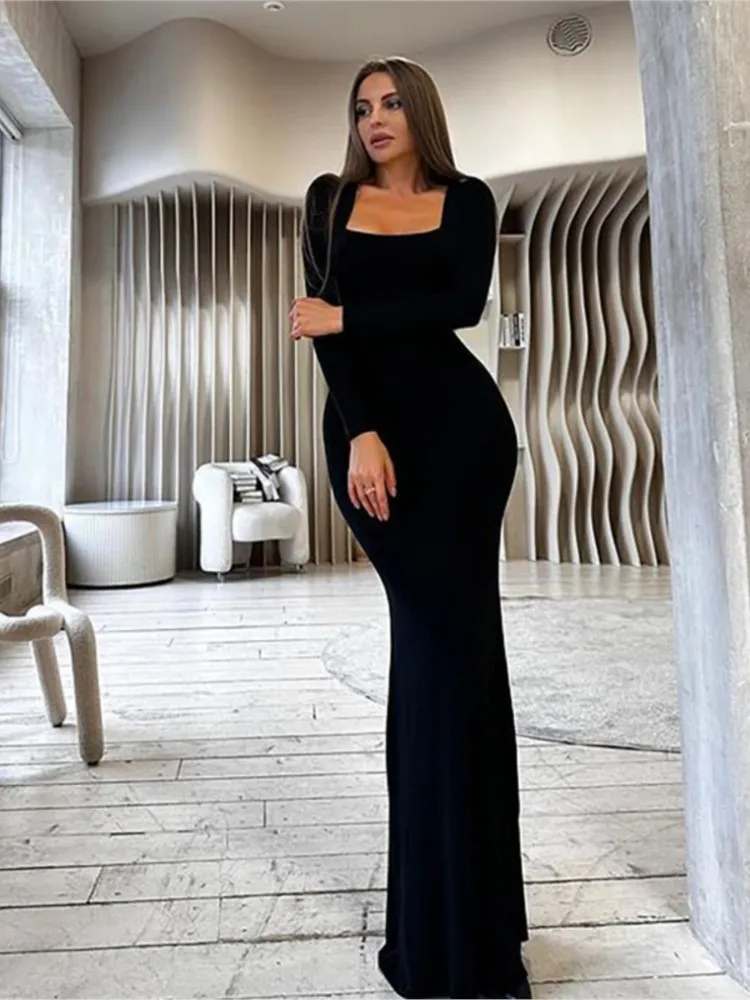 Sexy Bodycon Party Solid Color Long Dress For Women Long Sleeve Bandage Slim Dresses 2023 Autumn New Fashion Vestidos Black Robe